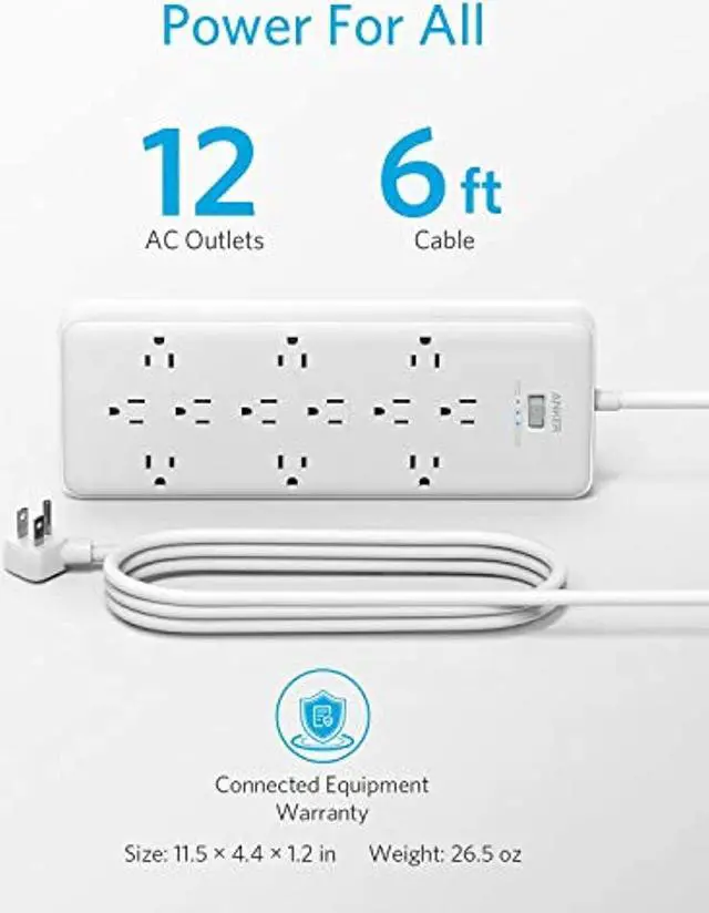 Alt view image 4 of 7 - Anker Power Strip Surge Protector (2 × 4000 Joules), PowerExtend Strip 12 Outlets with Flat Plug, 1875W Output, 6ft Extension Cord, Dual Surge Protection for Office, Home