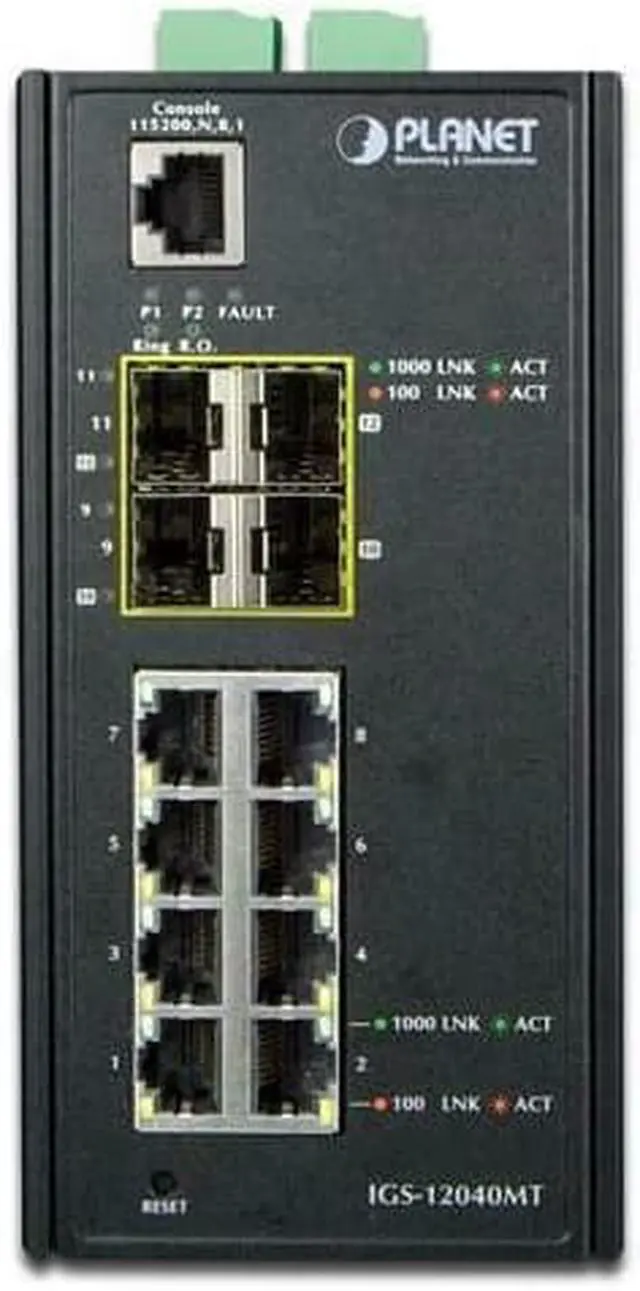 Alt view image 5 of 10 - Planet IGS-12040MT Industrial 8-Port 10/100/1000T + 4-Port 100/1000X SFP Managed Switch (-40 ~ 75 Degrees C)