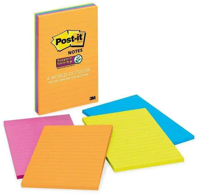 Alt view image 10 of 16 - Post-it 4621SSAU Super Sticky Rio de Janeiro Lined Pads, 4" x 6" - Assorted - Paper - Self-adhesive, Repositionable - 4/Pack