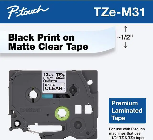 Alt view image 7 of 20 - Brother TZeM31 Black Print on Premium Matte Clear Laminated Tape for P-touch Label Maker, 12.00 mm (0.47”) wide x 8.00 m (26.20 ft.) long