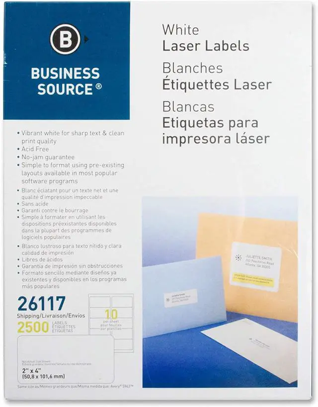 Alt view image 4 of 8 - Business Source Mailing Labels Shipping Laser 2"x4" 2500/PK White 26117