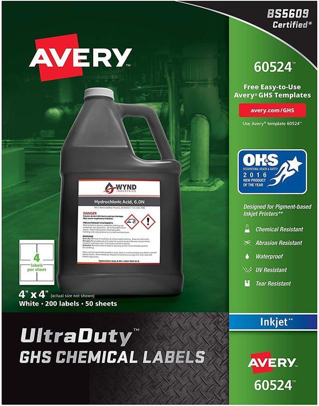 Alt view image 9 of 20 - Avery Chem Label,  4"W x 4"H, 200 Labels,  PK200 White  Synthetic Film  60524