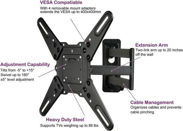 Alt view image 13 of 14 - VideoSecu Full Motion Articulating TV Wall Mount for most 26-55" LCD LED HDTV UHD, Long Arm Tilt Swivel TV Mount Bracket with Max VESA 400x400mm, Loading 88lbs, Cable Management BJZ