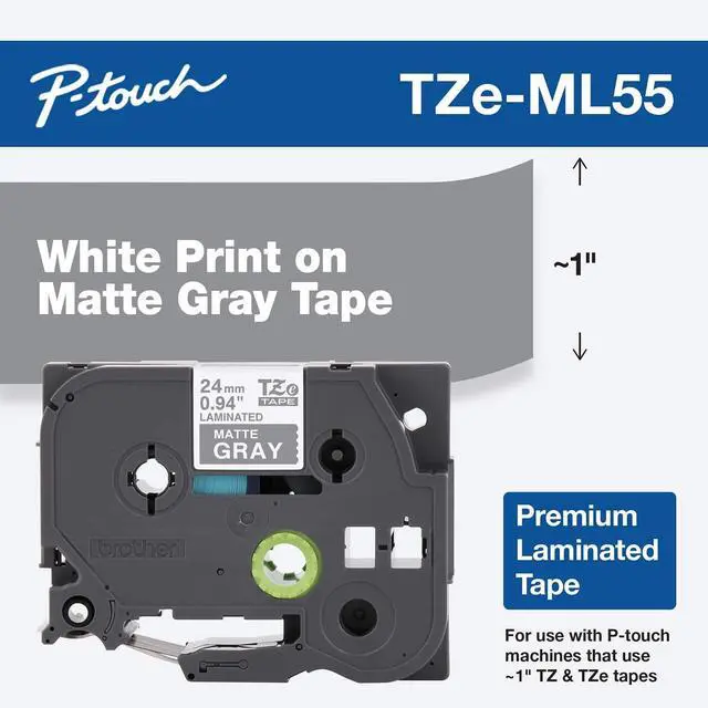Alt view image 9 of 13 - Brother TZeML55 White Print on Premium Matte Light Gray Laminated Tape for P-touch Label Maker, 24 mm (0.94") Wide x 8 m (26.20 ft.) Long