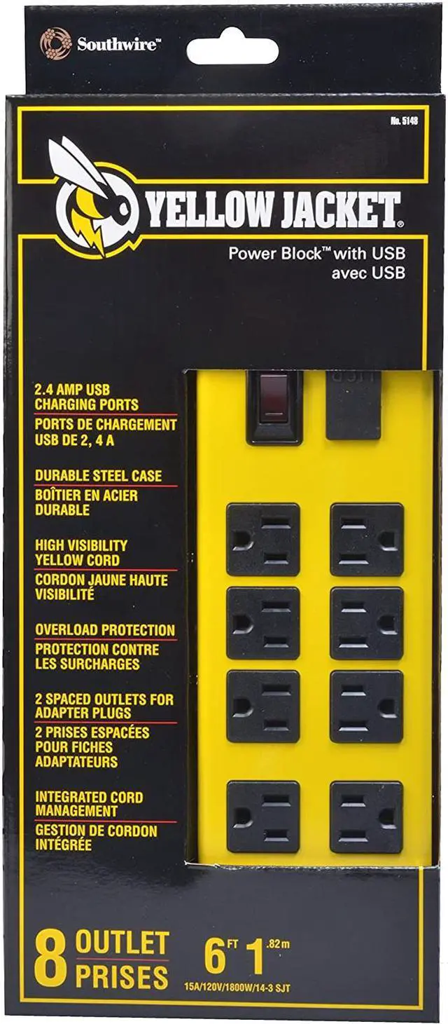Alt view image 3 of 8 - Yellow Jacket 5148 8-Outlet Metal Power Block With 2.4A USB, 6' Length Cord