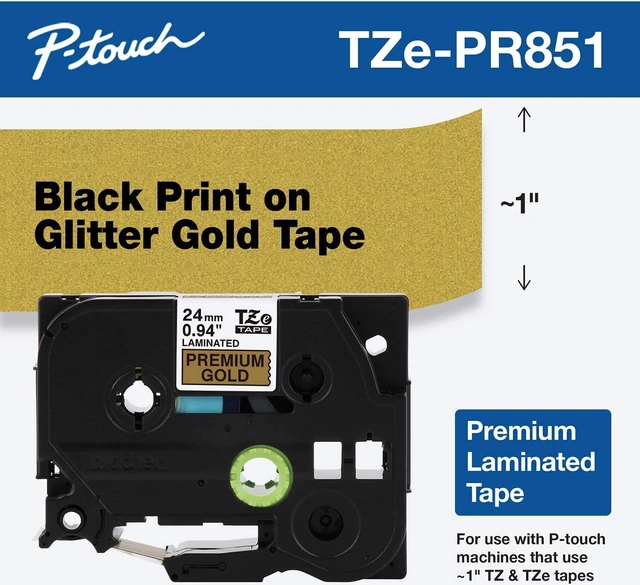 Alt view image 7 of 13 - Brother TZePR851 Black Print on Premium Glitter Gold Laminated Tape for P-touch Label Maker, 24mm (0.94”) wide x 8m (26.2') long