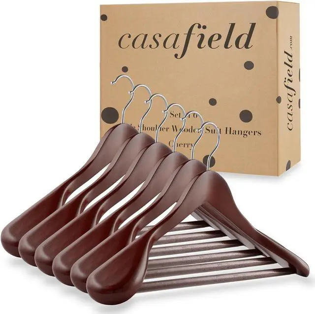 Alt view image 4 of 4 - Casafield - 6 Cherry Wide Shoulder Wooden Suit Hangers - Premium Lotus Wood, Non-Slip Pant Bar & Chrome Swivel Hook for Dress Clothes, Coats, Jackets, Pants, Shirts, Skirts