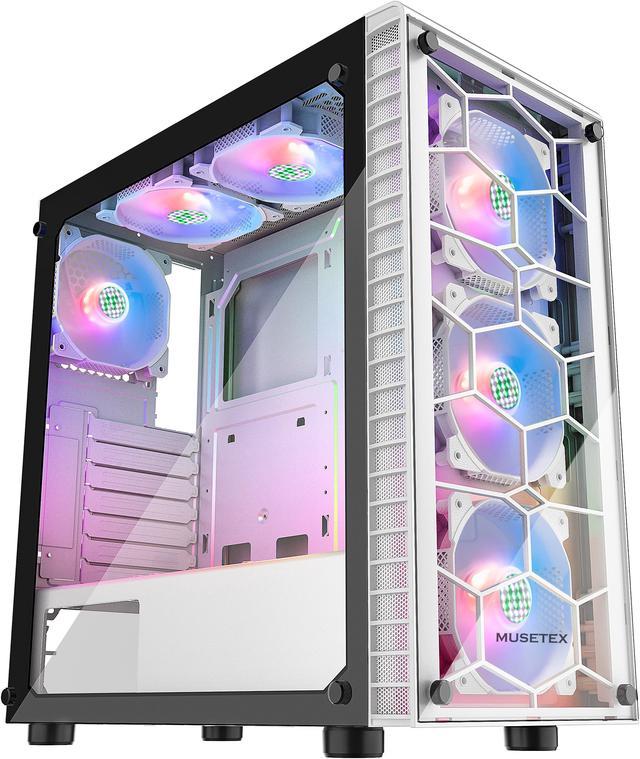 MUSETEX ATX Mid Tower Gaming Computer Case 6 ARGB Fans (Pre-Installed), 2  Translucent Tempered Glass Panels USB 3.0 Port, Cable Management/Airflow, 