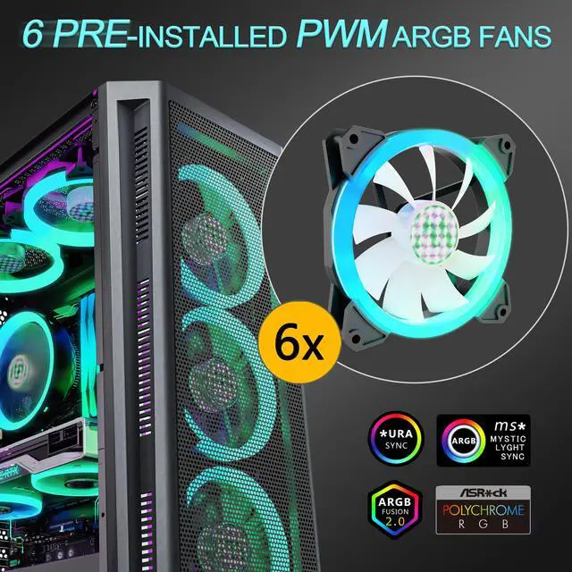 Alt view image 2 of 6 - MUSETEX ATX PC Case Pre-install 6 PWM ARGB Fans, Mid-Tower Gaming Case With Opening Tempered Glass Side Panel Door, Mesh Computer Case, TW8