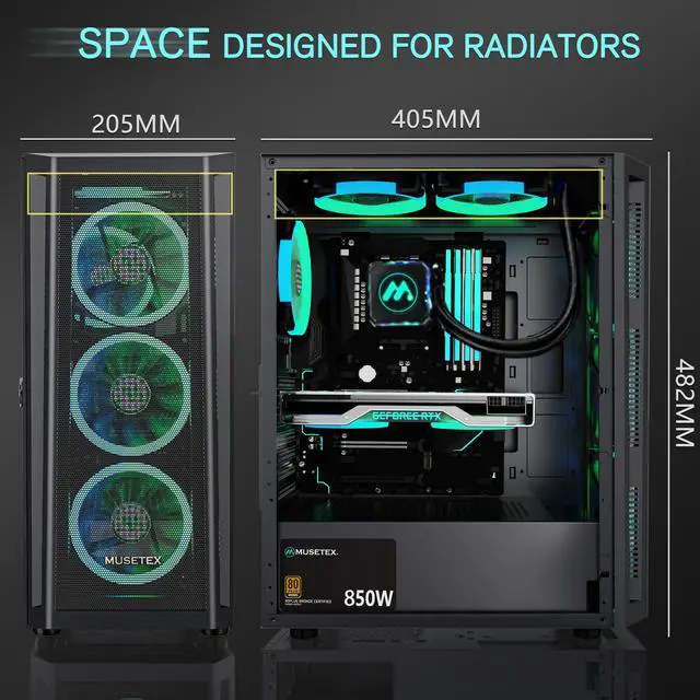 Alt view image 3 of 6 - MUSETEX ATX PC Case Pre-install 6 PWM ARGB Fans, Mid-Tower Gaming Case With Opening Tempered Glass Side Panel Door, Mesh Computer Case, TW8