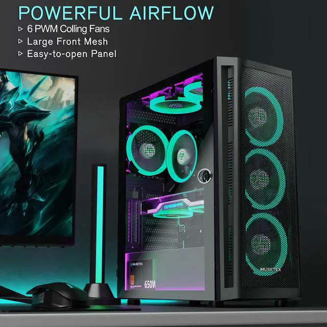 Alt view image 6 of 6 - MUSETEX ATX PC Case Pre-install 6 PWM ARGB Fans, Mid-Tower Gaming Case With Opening Tempered Glass Side Panel Door, Mesh Computer Case, TW8