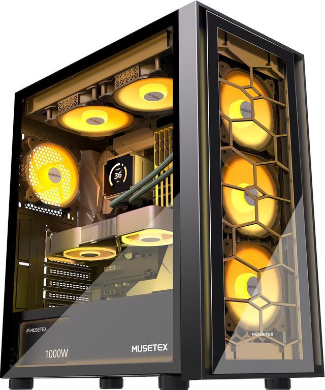MUSETEX ATX PC Case 6 PWM ARGB Fans Pre-Installed, Mid Tower Gaming PC Case  with Double Tempered Glass, USB 3.0 x 2 Computer Case, Black, G07