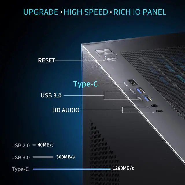 Alt view image 5 of 7 - MUSETEX PC CASE ATX 6 PWM ARGB Fans Pre-Installed, Type-C Mid Tower Computer Case with Full-View Dual Tempered Glass, Gaming PC Case, Black (K2)