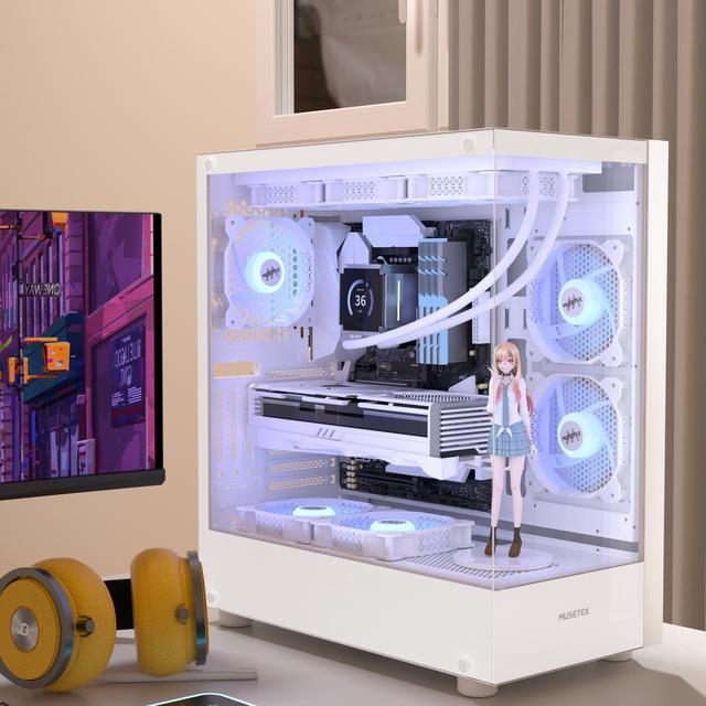 Alt view image 7 of 7 - MUSETEX PC CASE ATX 3 Non-LED Fans Pre-Installed, Type-C Mid Tower Computer Case with Full View Dual Tempered Glass, Gaming PC Case,White(K2)