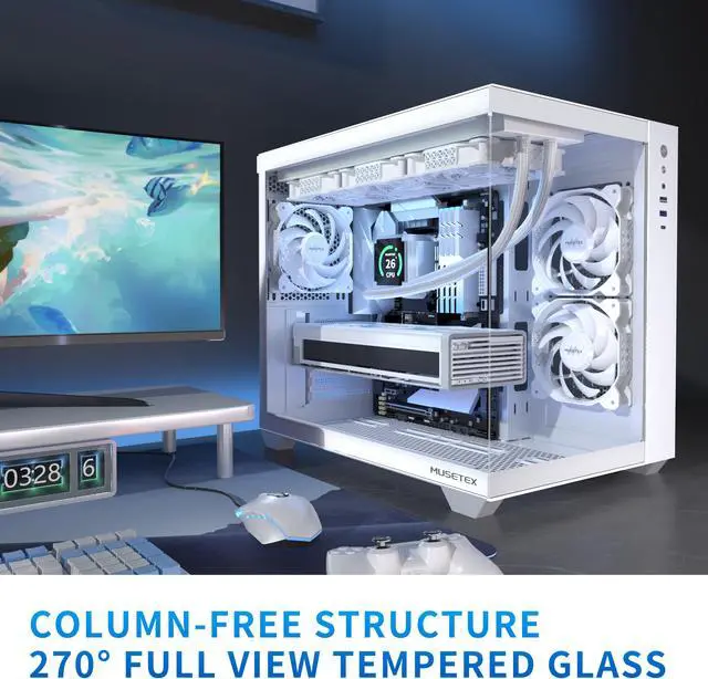 Alt view image 2 of 6 - MUSETEX ATX PC Case, 360MM RAD Support, 3 x 120mm Fans Pre-Installed, 270° Full View Tempered Glass Gaming PC Case with Type-C, Mid Tower ATX Computer Case, White, Y6