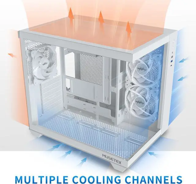 Alt view image 4 of 6 - MUSETEX ATX PC Case, 360MM RAD Support, 3 x 120mm Fans Pre-Installed, 270° Full View Tempered Glass Gaming PC Case with Type-C, Mid Tower ATX Computer Case, White, Y6