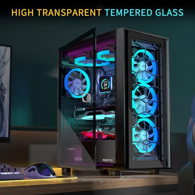 Alt view image 3 of 6 - MUSETEX ATX PC Case, 6 PWM ARGB Fans Pre-Installed, Computer Case with Opening Tempered Glass Door, Mid Tower Gaming PC Case, USB 3.0 x 2, Black, G07-S6