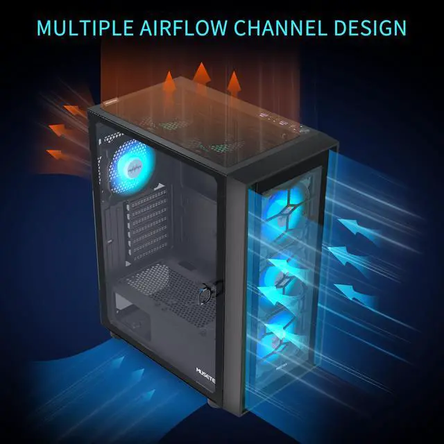 Alt view image 4 of 6 - MUSETEX ATX PC Case, 6 PWM ARGB Fans Pre-Installed, Computer Case with Opening Tempered Glass Door, Mid Tower Gaming PC Case, USB 3.0 x 2, Black, G07