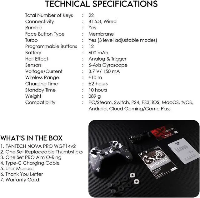 Alt view image 4 of 7 - Fantech NOVA PRO WGP14V2 Wireless/Wired Gaming Controller,22 Buttons, Hall Effect, Cool Lights, Highly Sensitive,Compatible with PC/Steam/Switch/PS4/Ps3/iOS/MacOs/Android,Black