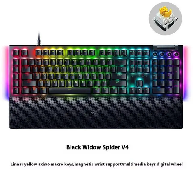 Alt view image 2 of 7 - AULA Black Widow Spider V4 Wired gaming KeyboardChroma RGB - 6 Macro Keys - Magnetic Wrist Rest - Doubleshot ABS Keycaps - Roller & Media Keys - Snap TapYellow switch, 104 KeysBlack