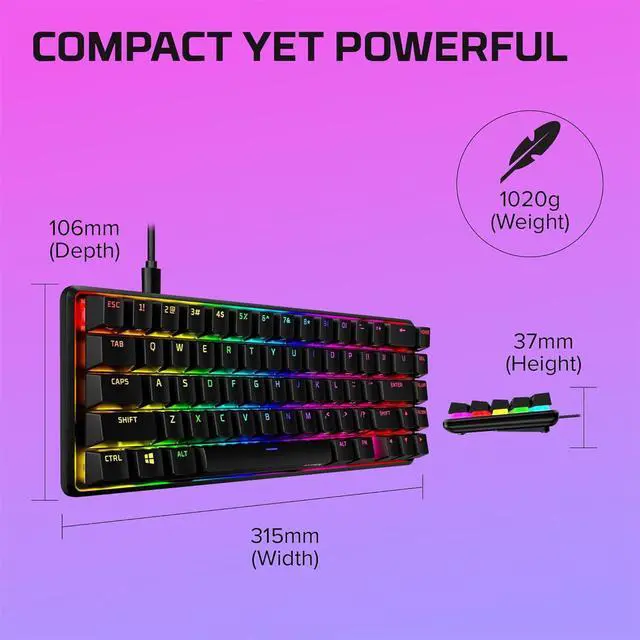 Alt view image 3 of 7 - HyperX Alloy Origins 65 - Mechanical Gaming Keyboard  Compact 65% Form Factor - Tactile Aqua Switch - Double Shot PBT Keycaps - RGB LED BacklitPersonalised KeycapsHyperX Fire Axis, black