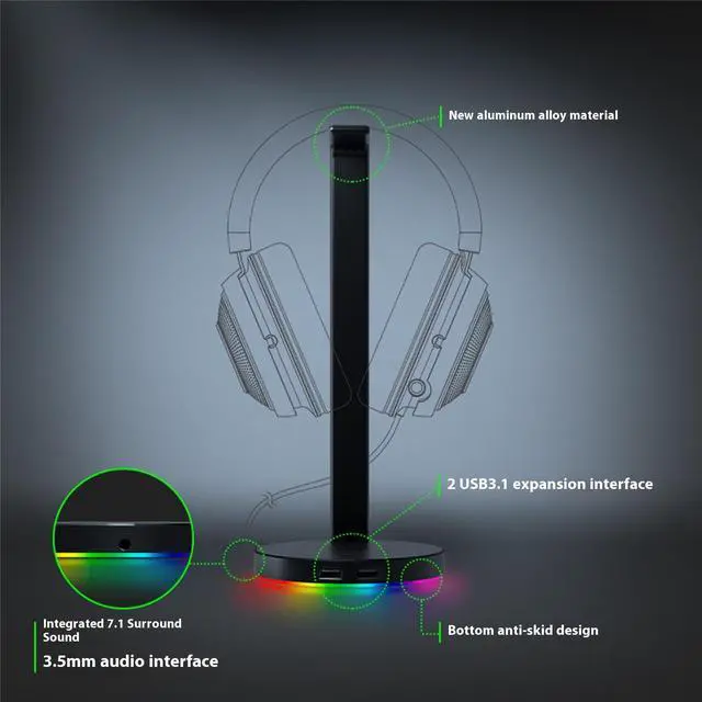 Alt view image 3 of 7 - AULA Phantom Dock V2 Headset Stand Holder, Chroma RGB Lighting - Taller Stand & Anti-slip Ledge - USB Charging Ports - Anti-Slip Rubber Base - 3.5mm Port + Built-in DAC - Quartz Pink