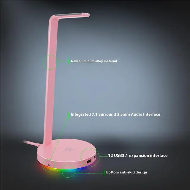Alt view image 5 of 7 - AULA Phantom Dock V2 Headset Stand Holder, Chroma RGB Lighting - Taller Stand & Anti-slip Ledge - USB Charging Ports - Anti-Slip Rubber Base - 3.5mm Port + Built-in DAC - Quartz Pink