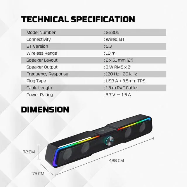 Alt view image 3 of 7 - FANTECH BEAT BAR GS305 Dual Mode Gaming Speaker, Tuned Driver, 3W*2 Speakers, Deep Bass Boost, Dual Mode BT/3.5MM TRS, Black