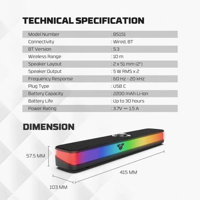 Alt view image 4 of 7 - FANTECH GROOVE BAR PRO BS151 Portable Gaming Speaker, Tuned Driver, 5W*2 Speakers, Built-In Microphone, Dual Mode Bt/USB C, Black