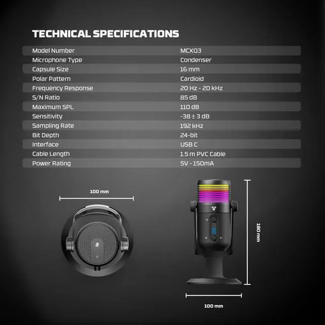 Alt view image 7 of 7 - FANTECH LEVIOSA MAX MCX03 Wired Condenser Microphone, 192 kHz / 24-bit High Sampling Rate,Noise Reduction, Cardioid Polar Pattern, USB C Interface,RGB Lighting, Black