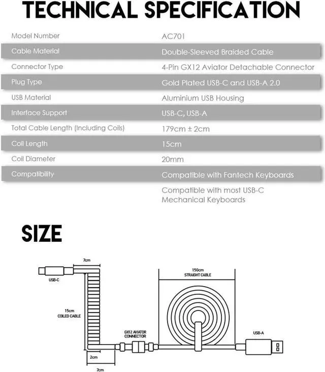 Alt view image 2 of 7 - FANTECH AC701 Coiled Cable,USB-C and USB-A 2.0 Plug Type,  4-Pin GX12 Aviator Detachable Connector Type, Double-sleeved braided Cable, Yellow