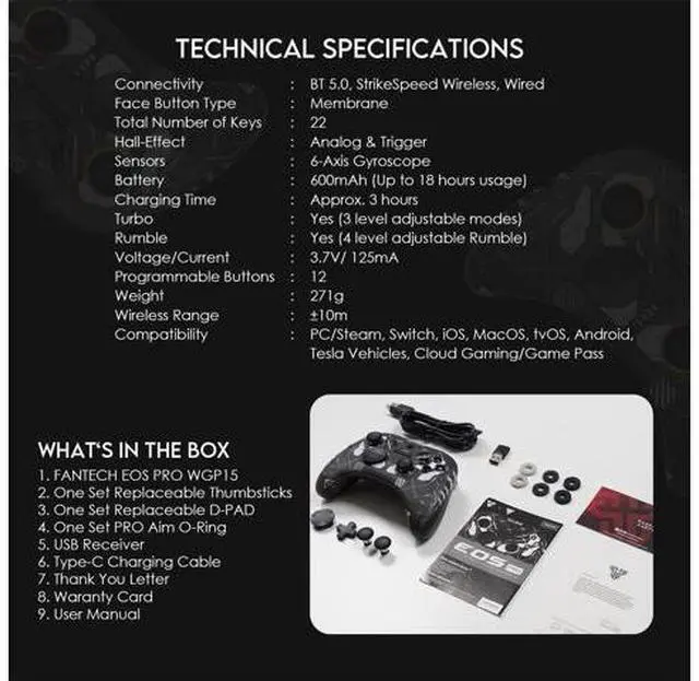 Alt view image 3 of 7 - FANTECH WGP15 EPSILON EOS PRO Wireless Multi-Platform Gamepad, Bluetooth/StrikeSpeed,Motion Sensor,Hall effect,Black