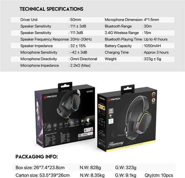 Alt view image 7 of 7 - FANTECH HARMONY WHG02 wireless bluetooth headphones with tri mode connection,4OMM DRVERS FOR CEAR AUDO,White