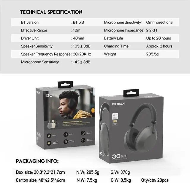 Alt view image 6 of 6 - FANTECH WH06 Go Tune Wired & Wireless Headphones, With Easy Control Buttons & Long Lasting Battery, Beige