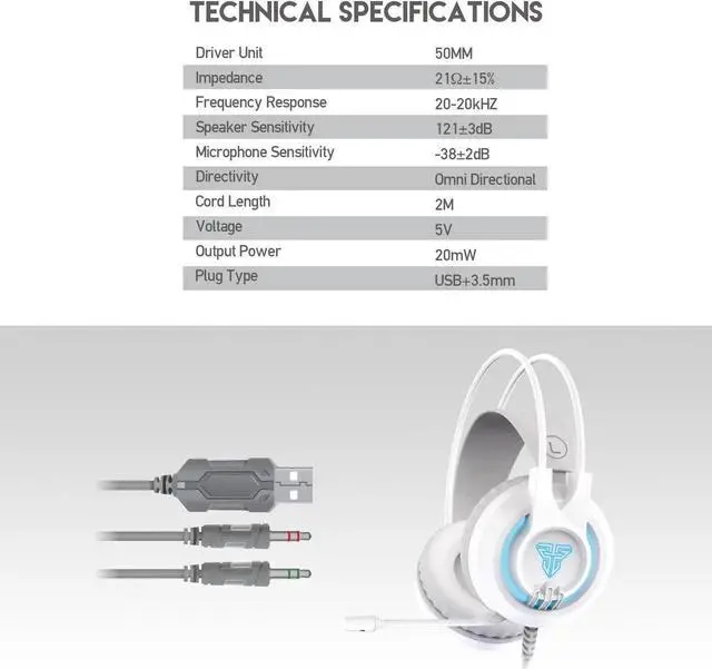 Alt view image 7 of 7 - FANTECH CHIEF II HG20 Gaming Headset with noise cancellation Headphone, suspension headband, USB+3.5mm Plug Type, White