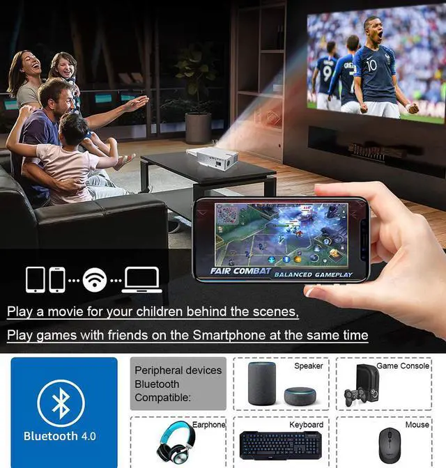 Alt view image 7 of 7 - 6000 Lumens 1080 Native Projector, Full HD Android Projector with WiFi Bluetooth, 300” Max Image Size, with HDMI USB VGA AV Inputs, Compatible with Smartphone TV Sticks PC Xbox Playstation USB Drive