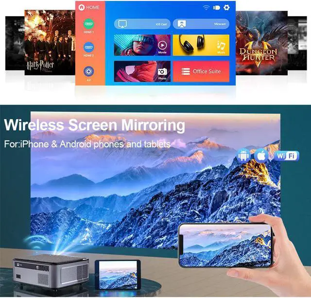 Alt view image 4 of 7 - 1080P FULL HD Video Projector with Carry Bag and 100" Screen, 7500 Lumen WIFI Projector for iPhone Android iOS Smartphone, Wireless Projector 20000:1 Contrast, Support Miracast Airplay Side Projection