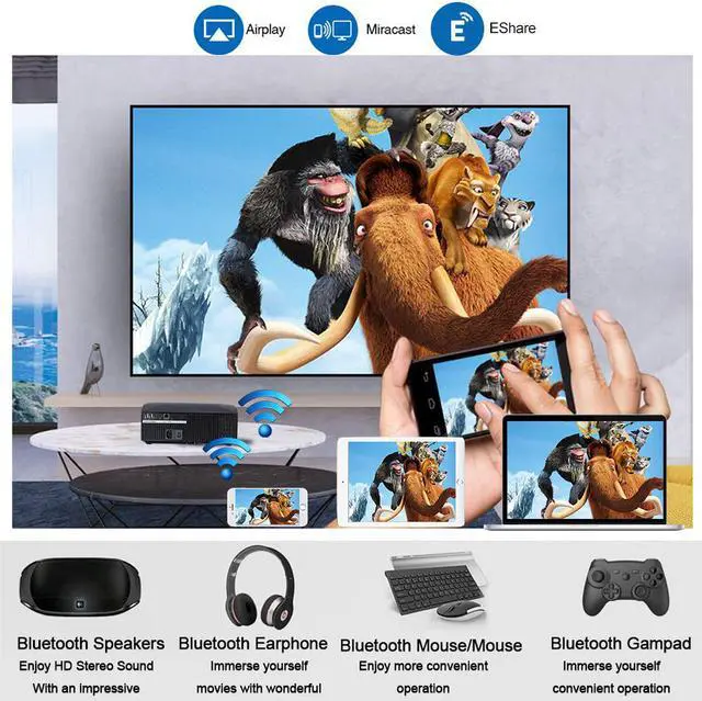 Alt view image 4 of 7 - 1080P Native WiFi Projector, 4200 Lumens LED Android Bluetooth Video Projector, Support 4K 300" Display, with HDMI, USB, SPDIF, Compatible with TV Stick PS3/4 DVD USB, for Home Office Outdoor