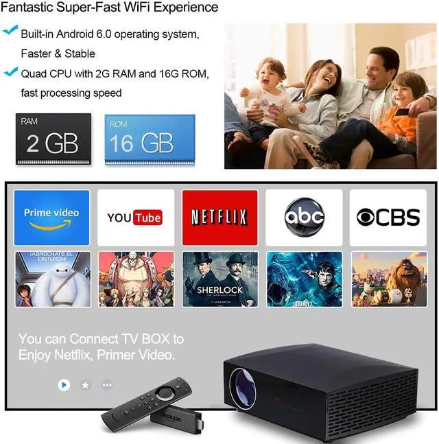 Alt view image 2 of 7 - 1080P Native WiFi Projector, 4200 Lumens LED Android Bluetooth Video Projector, Support 4K 300" Display, with HDMI, USB, SPDIF, Compatible with TV Stick PS3/4 DVD USB, for Home Office Outdoor
