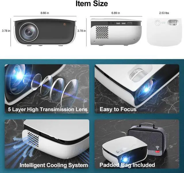 Alt view image 7 of 10 - Mini WiFi Projector HD, 4000 Lumen Portable Home Theater Projector with Carry Bag, Support 1080P & 200" Display, Compatible with iOS/Android/PC/TV Stick