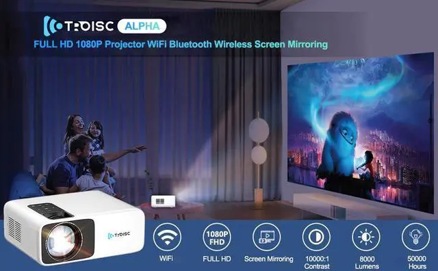 Alt view image 7 of 7 - TROISC Home Theater Projector WiFi 1080P FULL HD 8000 Lumens Portable HDMI USB Screen MIrroring  Zoom Bluetooth