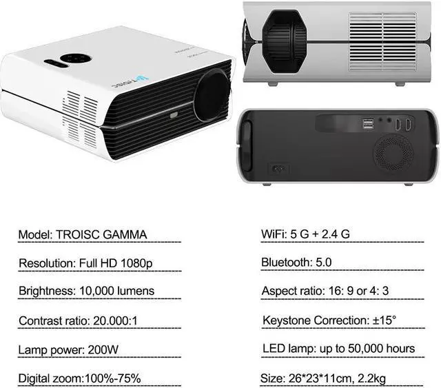 Alt view image 3 of 7 - TROISC Home Theater Projector 4K Supported Android 9.0,Native 1080P 10000 Lumens WiFi Projector,Smart Keystone Correction Side Projection,Digital Zoom Bluetooth,for Home and Outdoor Movies