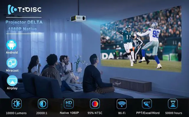 Alt view image 7 of 7 - TROISC Home Theater Projector 4K Supported Android 9.0,Native 1080P 10000 Lumens WiFi Projector,Smart Keystone Correction Side Projection,Digital Zoom Bluetooth,for Home and Outdoor Movies