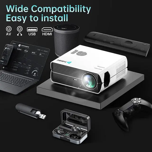 Alt view image 2 of 7 - TROISC FULL HD 1080P Projector WiFi 5G/2.4G 10000 Lumens 20000:1 Contrast, Wireless Screen Mirroring 300" Home Theater, Digital Zoom Bluetooth HDMI/UAB/AV/3.5mm Jack Compatible with TV Stick, PS4