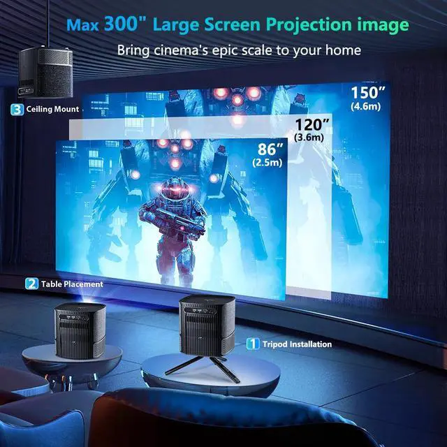 Alt view image 7 of 7 - TROISC 1080p LED Projector Android Wi-Fi 5G Bluetooth Auto Focus 10000LM Portable Home Theater 300" max Digital Zoom Side Projection Screen Mirroring USB HDMI