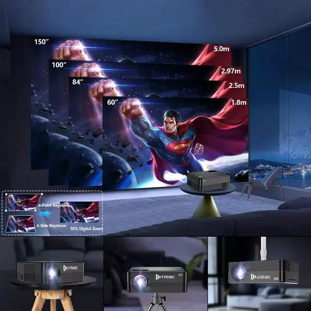 Alt view image 4 of 7 - TROISC ALTA,  Mini HD Video Projector Android TV WiFi 5G 720P 6000 Lumens Manual Focus 150" Home Theater Bluetooth 50% Zoom 4P/4D Keystone Correction