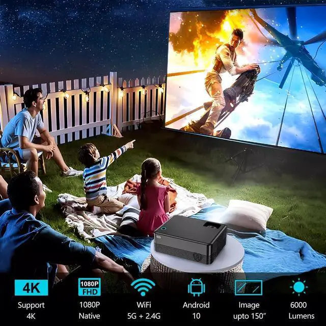 Alt view image 7 of 7 - TROISC ALTA,  Mini HD Video Projector Android TV WiFi 5G 720P 6000 Lumens Manual Focus 150" Home Theater Bluetooth 50% Zoom 4P/4D Keystone Correction