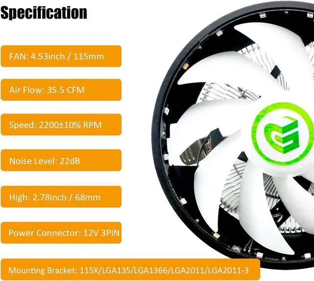 Alt view image 2 of 7 - CPU Cooler with Mounting Bracket for Intel Socket LGA1200/1150/LGA1151/LGA1155/LGA1156/LGA1356/LGA1366/LGA2011/LGA2011-3/LGA2066