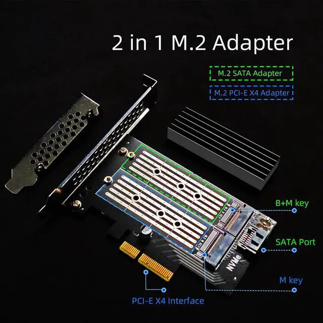 Alt view image 2 of 7 - GLOTRENDS PA12-HS10 2-in-1 M.2 PCIe 4.0 X4 Adapter with M.2 Heatsink, For One M.2 NVMe SSD and One M.2 SATA SSD, Support 2230/2242/2260/2280 Size