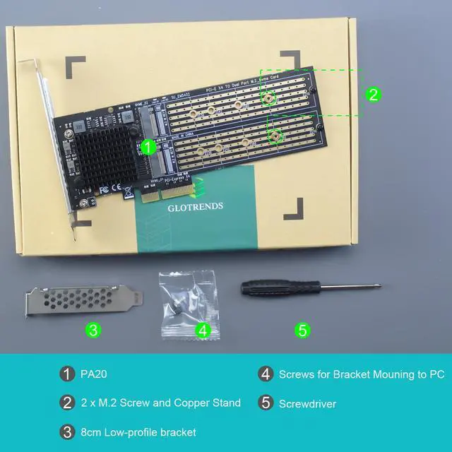 Alt view image 7 of 8 - GLOTRENDS PA20 Dual M.2 NVMe to PCIe 3.0 X4 Adapter with PCIe Bifurcation Function, Support 22110/2280/2260/2242/2230 Size